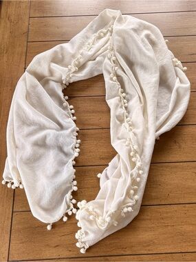 J.Crew White Pom Pom Scarf, 100% Cotton